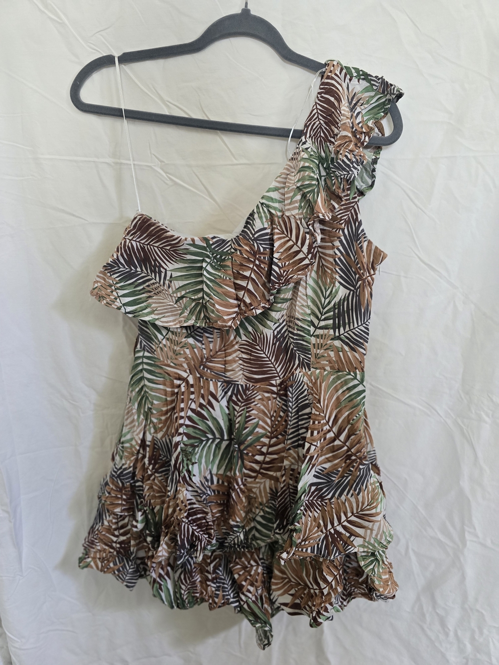 One-Shoulder Tropical Leaf Romper in Brown & Green